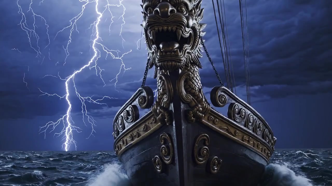 Ancient Dragon Ship Sailing Through Stormy Sea at Night