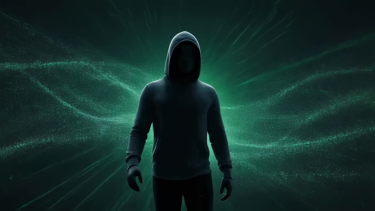 A shadowy figure clad in a hoodie emerges from the darkness, surrounded by an awe-inspiring environment filled with vibrant futuristic visuals