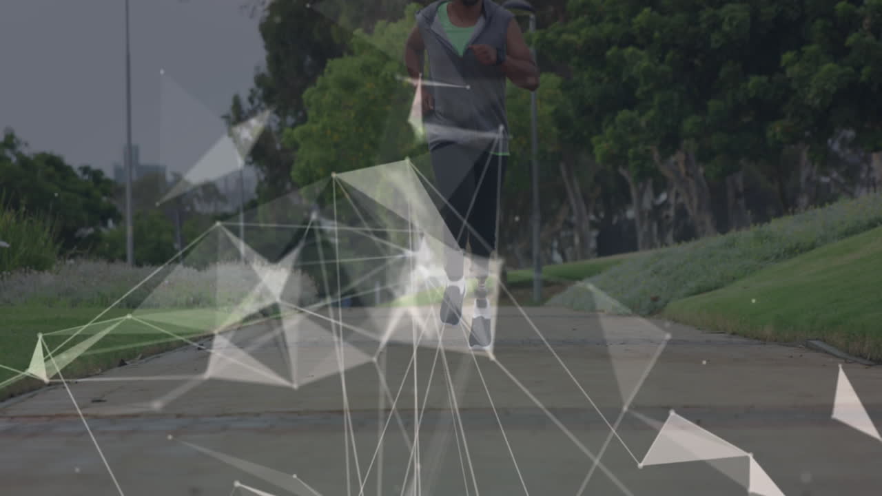 animación de una red de comunicación rotativa sobre un atleta masculino con una pierna protésica corriendo