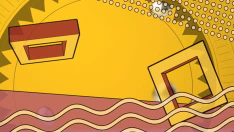 Animation of abstract geometric shapes and wavy lines on yellow and pink background