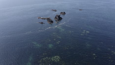 Aerial-descends-to-shallow-sea-water-near-jagged-ocean-rocks