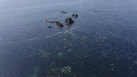 aerial descends to shallow sea water near jagged ocean rocks