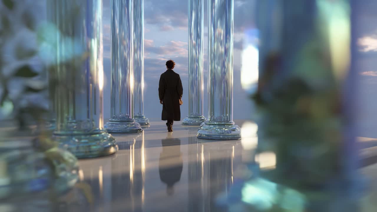 A solitary figure walks through a realm of towering glass pillars, immersing in a serene and ethereal landscape that blends reflection and tranquility