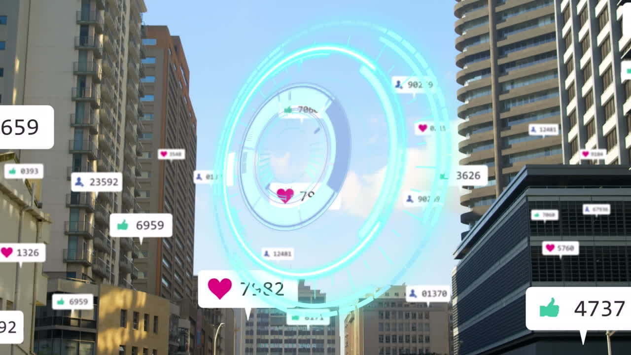 소셜 미디어 아이콘과 도시 풍경에 대한 범위 스캐닝의 애니메이션
