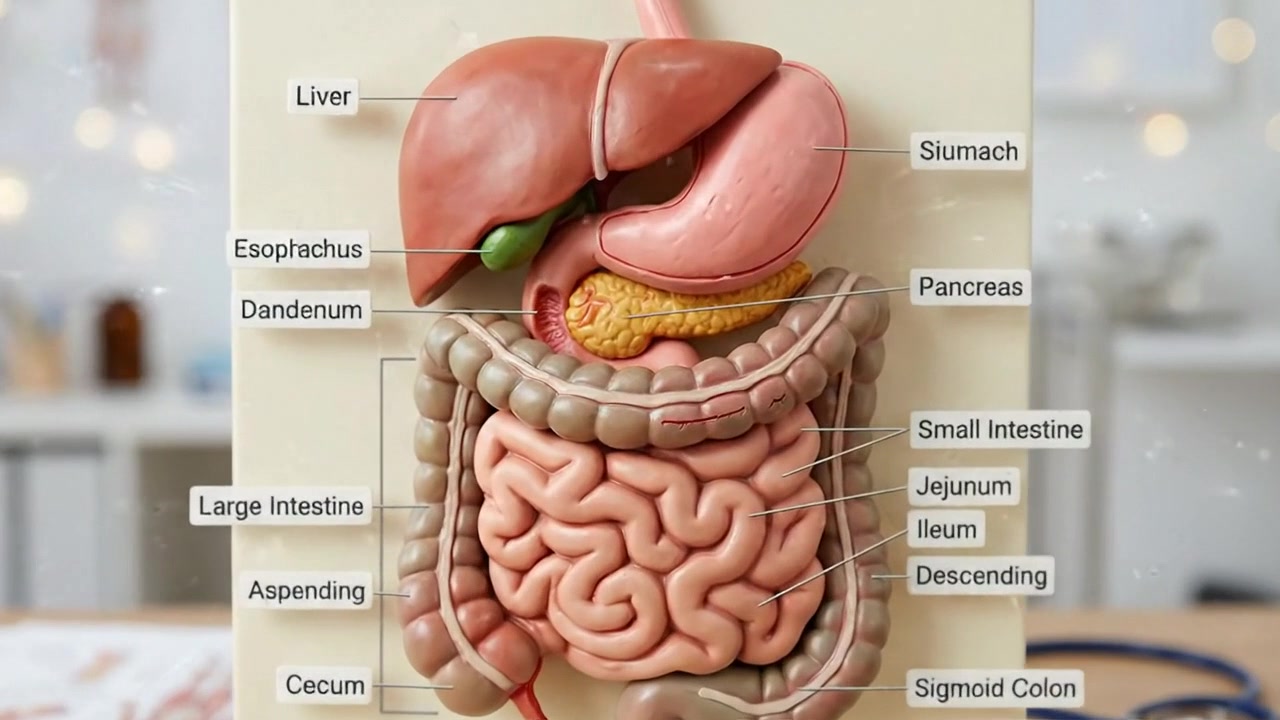 Human digestive system model displayed inside bright modern medical laboratory