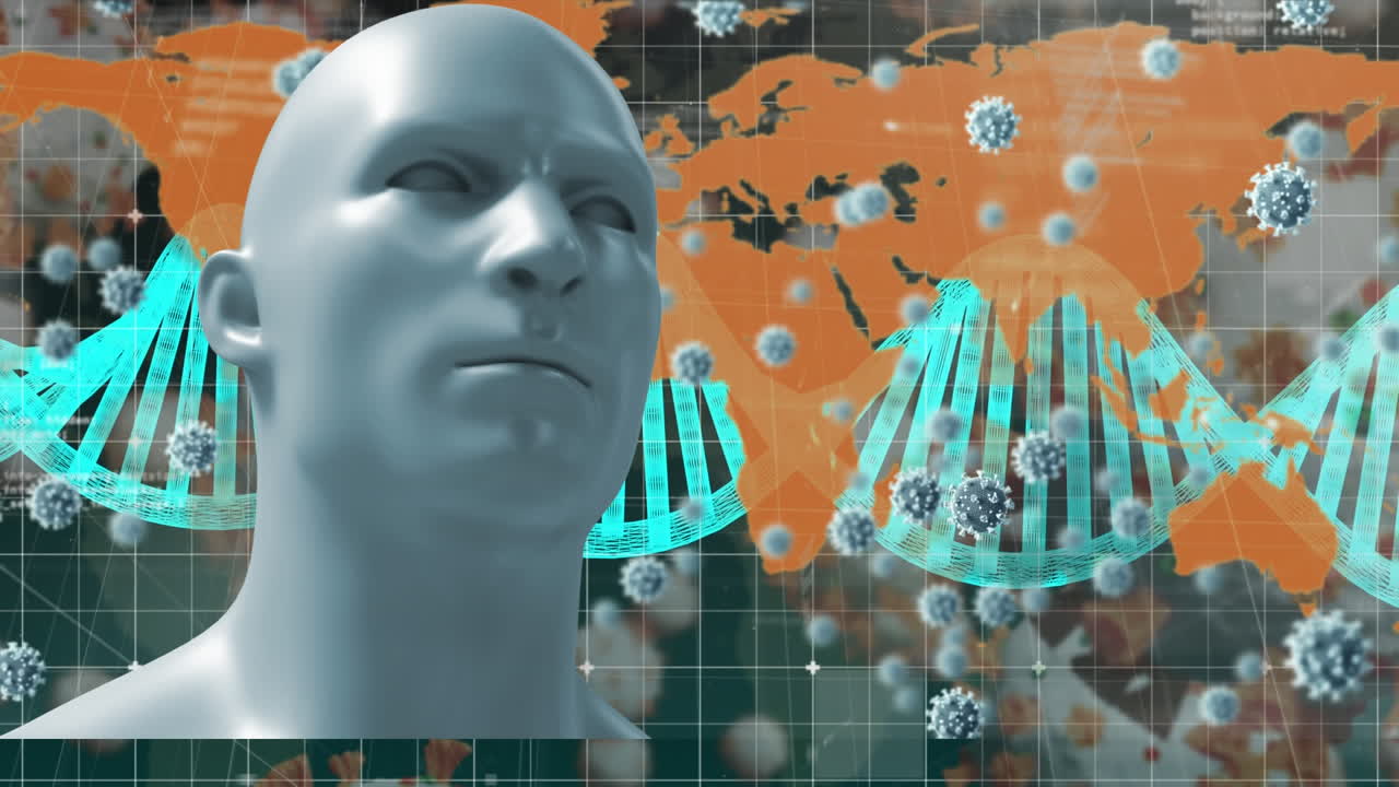 dna와 코로나바이러스 박테리아가 사람의 머리와 세계지도 위를 날고 있습니다.