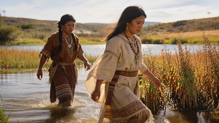 Wading two teens, leader heading to shore across pond, lifting tunics, holding stick, necklaces