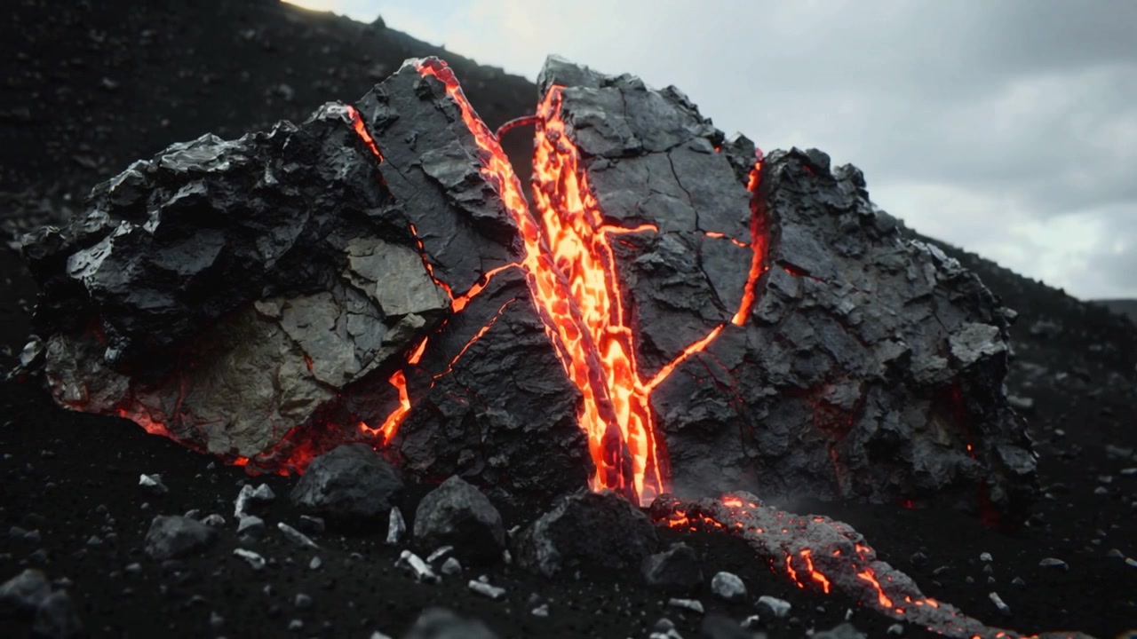 Cracking large lava mound from magma rising releasing glowing veins on volcanic field