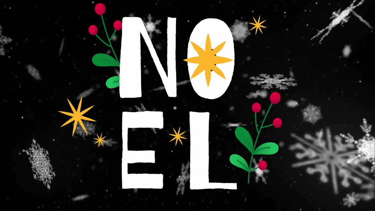 la animación del texto de noel sobre la nieve que cae.