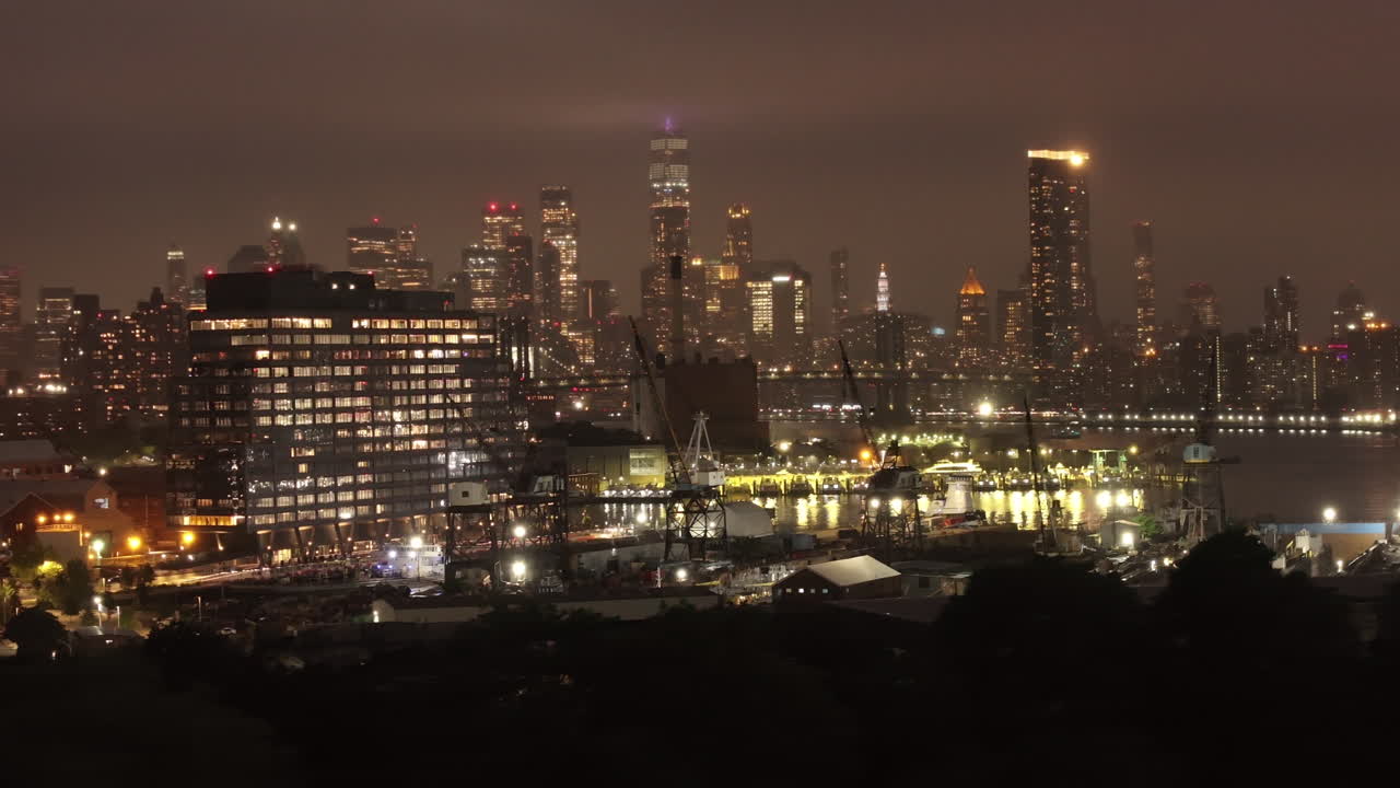 Aerial view of Lower Manhattan on a rainy night