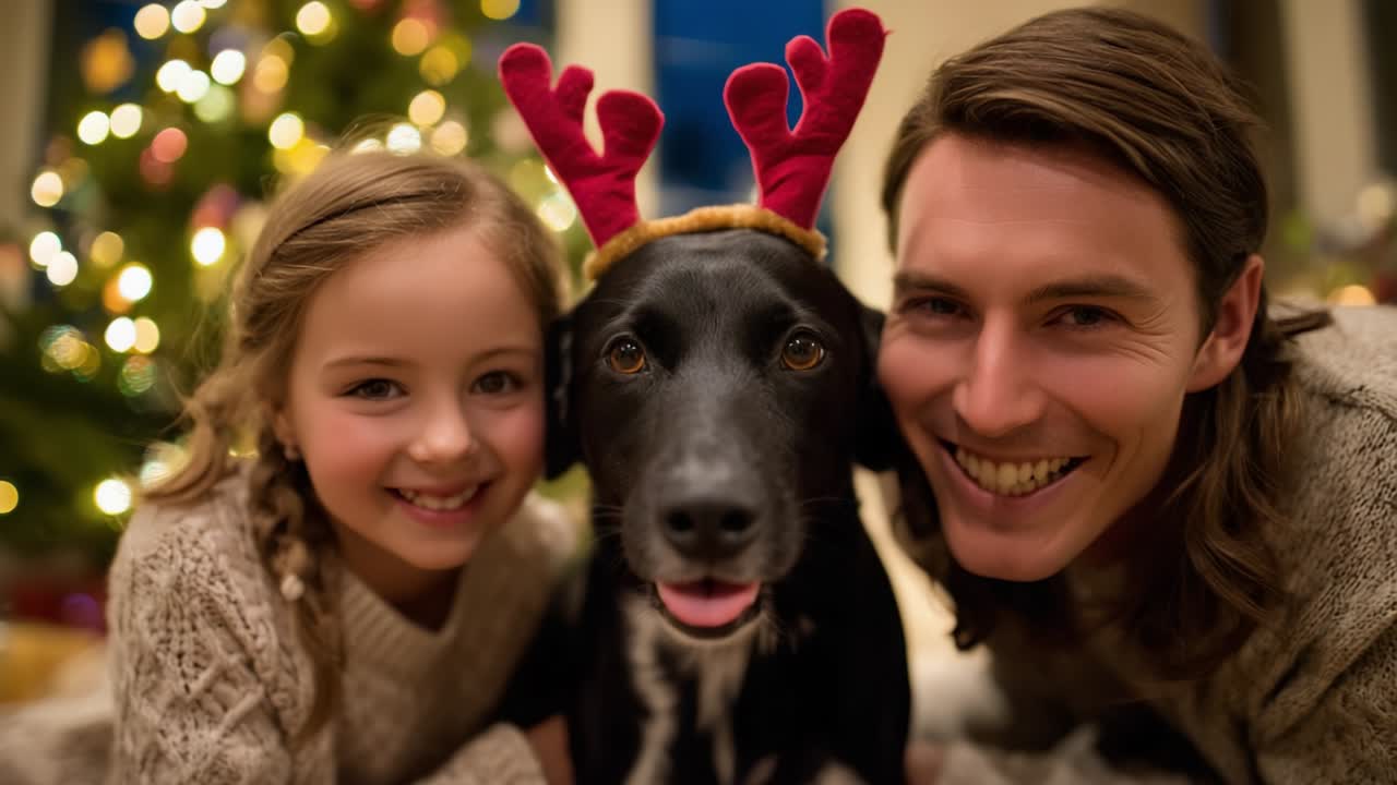 Heartwarming Holiday Moments: A Joyful Girl, Her Smiling Dad, and a Playful Dog in Festive Antlers Amid a Beautifully Decorated Christmas Tree, Celebrating Love and Togetherness