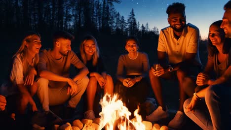 friends enjoying a campfire at night