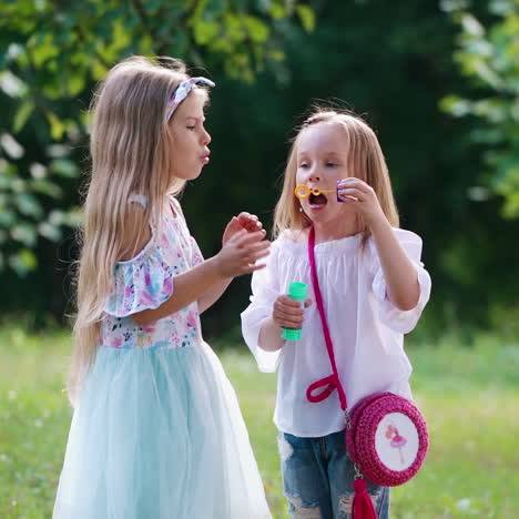 little girls with bubble blower outside. two lovely girls playing together with soapy bubbles in the park in summer.