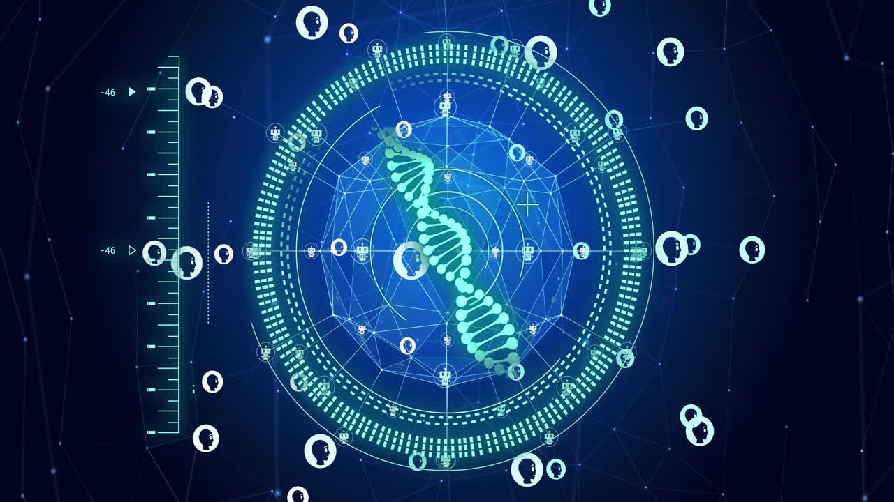 dna의 애니메이션, 연결 네트워크, 과학 데이터 처리 및 ai 아이콘