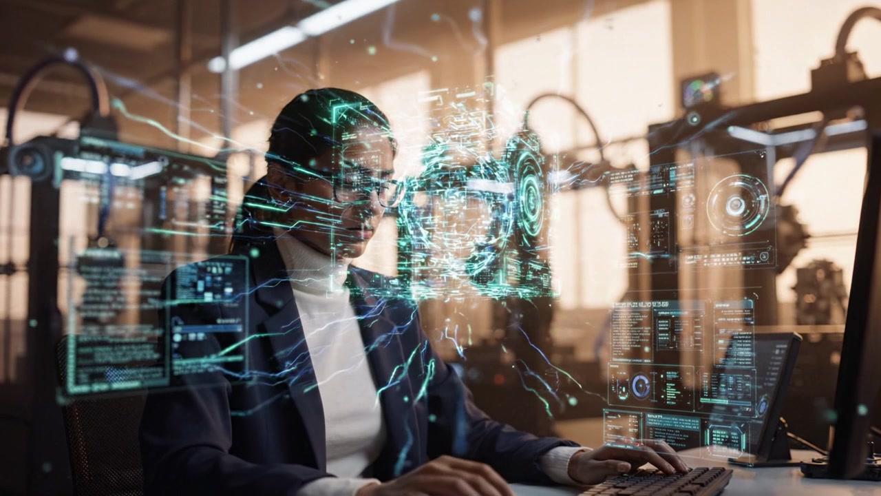Innovative Engineer Working with Advanced Technology in a High-Tech Lab, Analyzing 3D Models and Digital Data, Engaged in Futuristic Design Processes