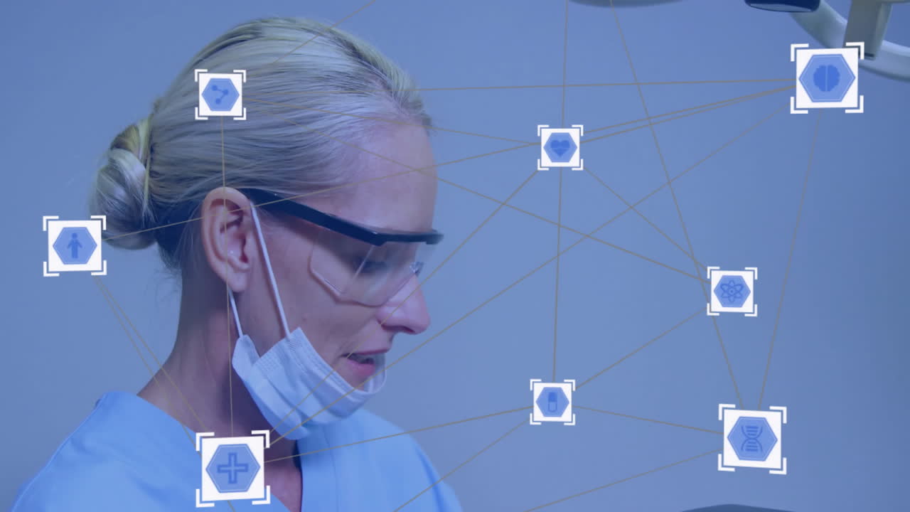 Animation of network of connections with icons over diverse dentist and patient in dental office