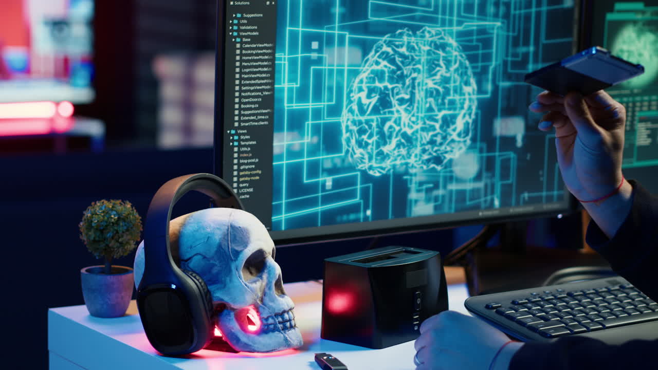 Scammer inserting storage drive with stolen information from users, close up