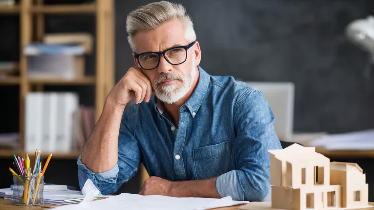 A Thoughtful Architect Contemplates Design Choices at His Workspace Surrounded by Blueprints and Model Structures, Embodying Creativity and Professionalism in Architecture