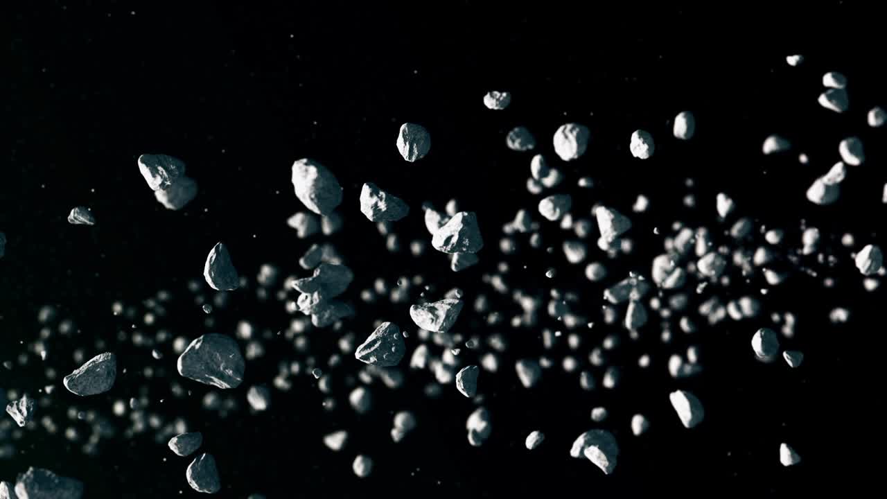 Stream of asteroids moving diagonally across dark space with starry background. Sci-fi, astronomy, asteroid belt, cosmic debris animation