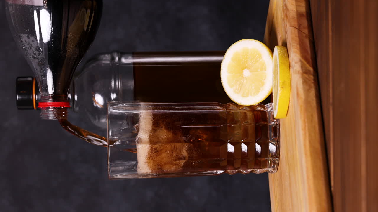 Cocktail Piscola, tipica bevanda cilena, su tavolo di legno con sfondo scuro. Cile Pisco, ghiaccio e Coca-Cola.