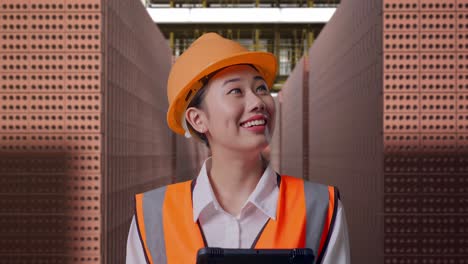 Close Up Of Asian Female Engineer With Safety Helmet Looking At The Tablet In Her Hand And Looking Around While Standing With Red Brick Packed in Stacks Are Stored