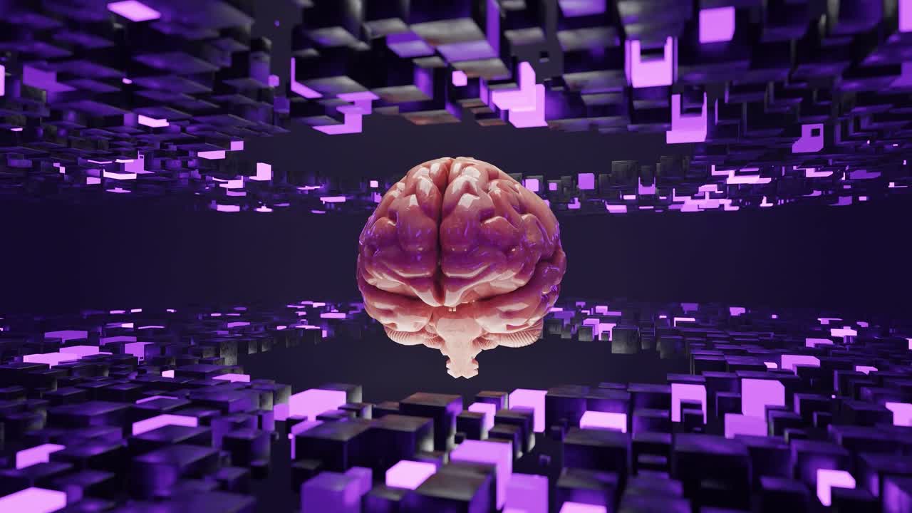 Human brain floating inside a tunnel of glowing purple cubic structures. Futuristic 3D digital illustration. Artificial intelligence and virtual reality concept. Design, banner, wallpaper