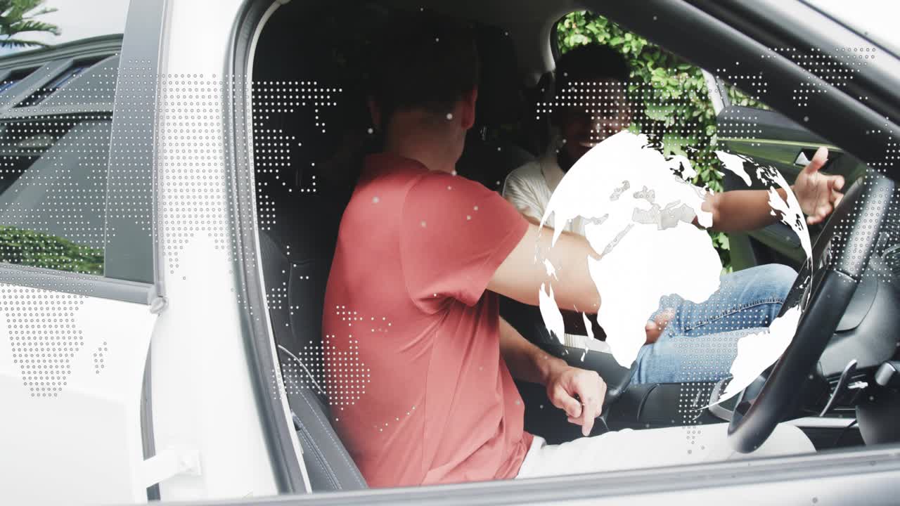 Red-tee driver opening door, reaching keys, passenger entering, tech globe overlay signaling leave