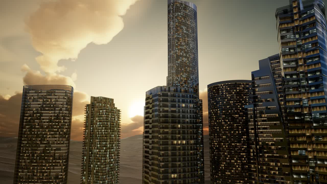 rascacielos de la ciudad al atardecer en el desierto