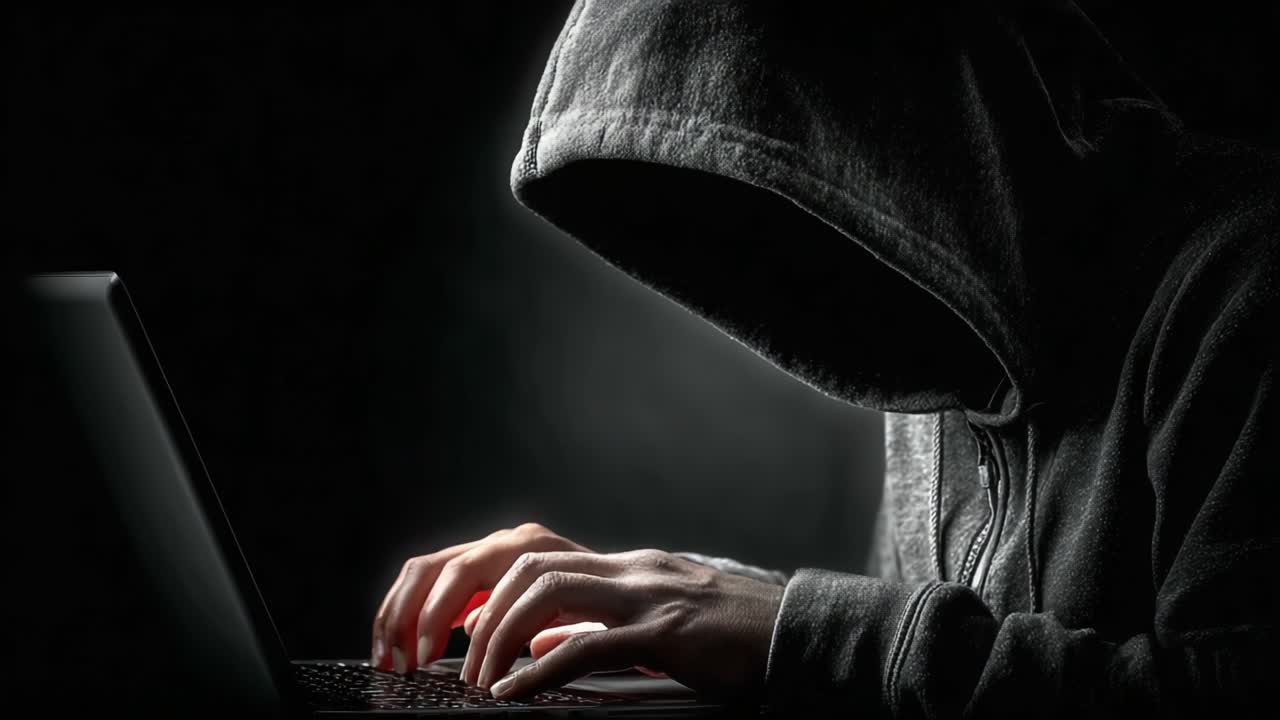 A mysterious hooded figure intensely focuses on the screen while typing on a laptop in a dark environment, embodying the essence of secrecy and technology-driven intrigue