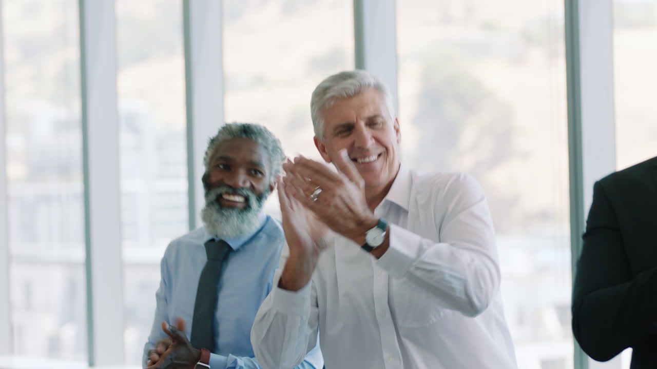 group of business people applause celebrating enjoying presentation shareholders clapping hands for successful solution in office boardroom meeting 4k