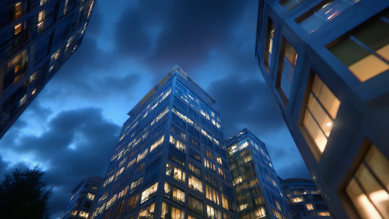 Stunning Urban Skyline at Dusk: A Captivating View of Modern Architecture Bathed in Twilight's Glow Amidst Darkening Clouds and Illuminated Windows