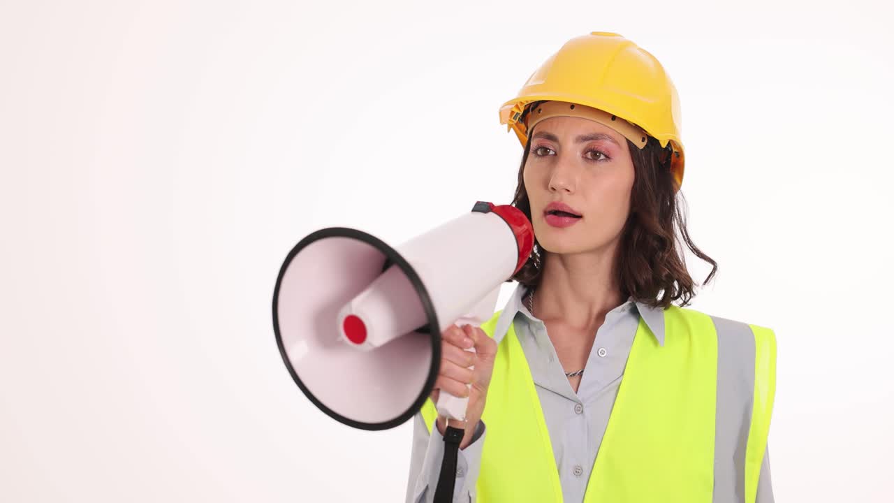 Woman Construction Worker Announcing with Megaphone