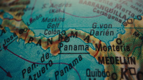 close-up of a world globe map focusing on panama
