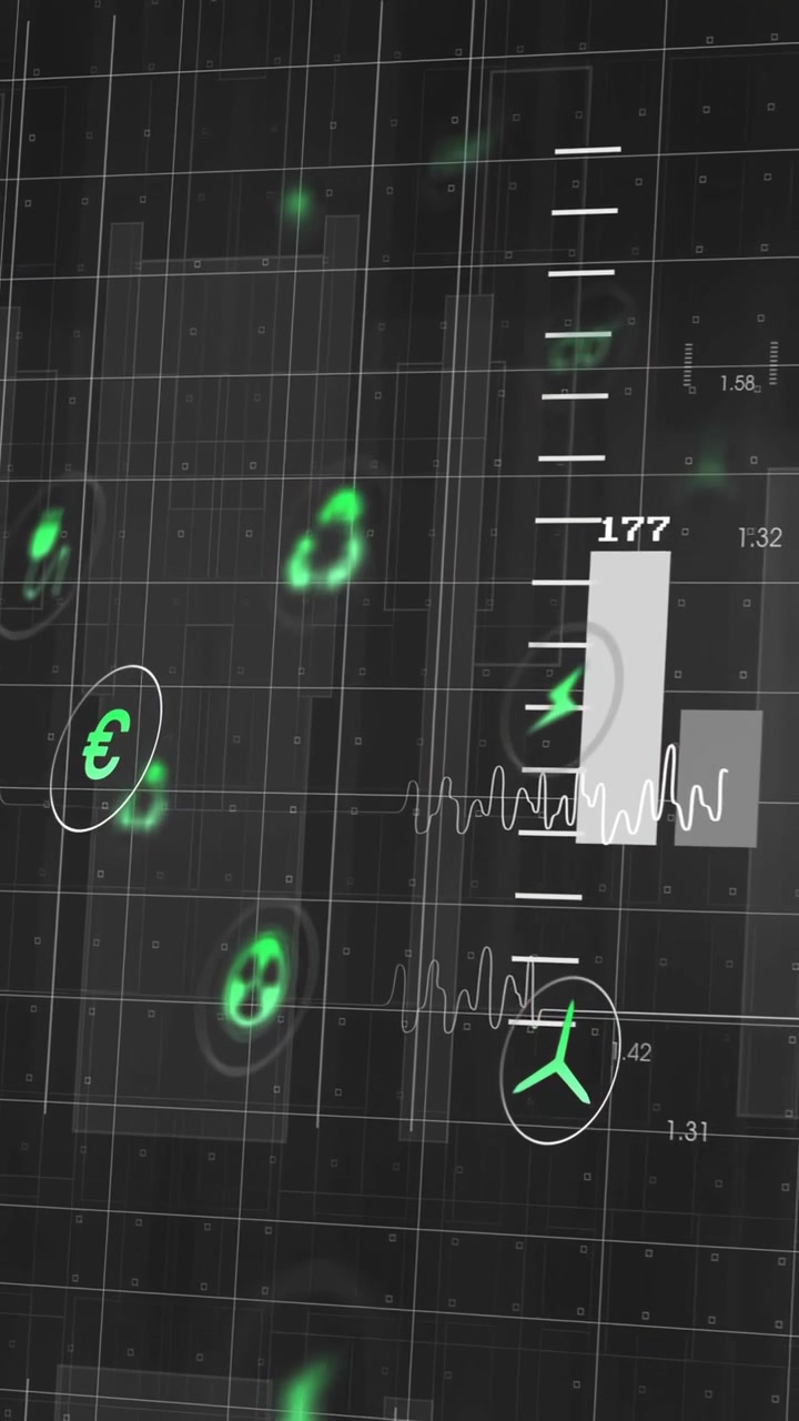 Video verticale: Inclinazione della telecamera che avvia grafici a barre che si aggiornano e si spostano, mostrando le tendenze di riutilizzo dell'energia.