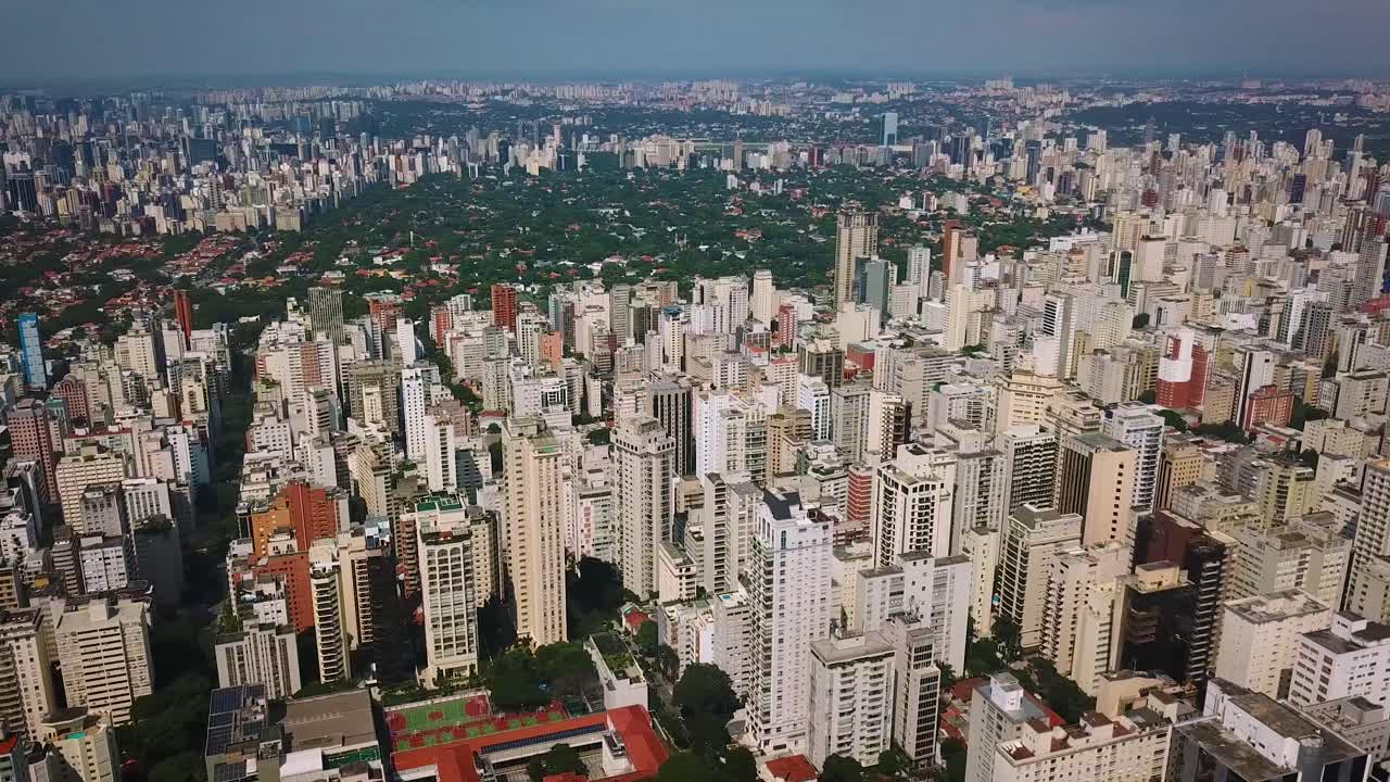 Cinematic aerial panorama shot of S&atilde;o Paulo from Avenida Paulista, Brazil