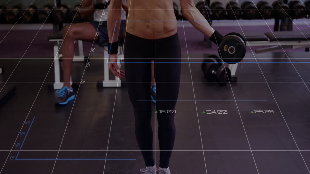 Woman initiating curl, lifting dumbbell and checking form while fitness overlay tracking bar charts