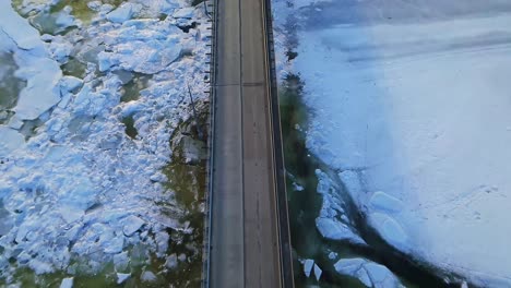 flying a drone over blocks of ice over a bridge 4k