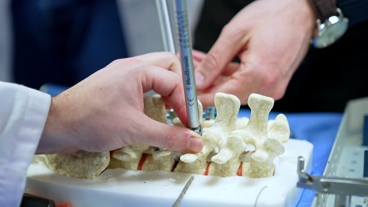 Male hands in white robe sleeves apply screw-driver-like tool fastening the detail in the spine dummy. Future neurosurgeons are practicing. Close up.