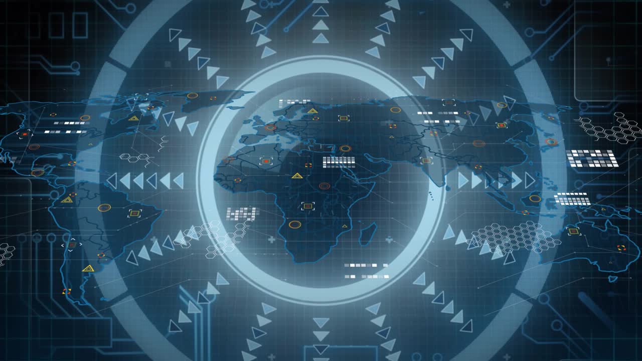 Grid fading initiating globe emerging, ring forming and icons orbiting visualizing digital network