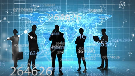 animación del procesamiento de datos y moléculas sobre empresarios y mapa del mundo