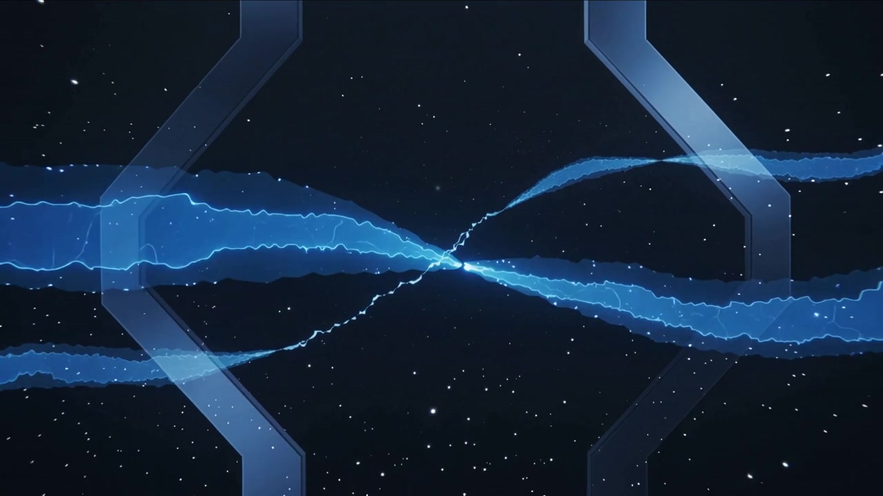 Filament appearing, two blue ribbons crossing inside hex frame, creating mirrored bands over stars