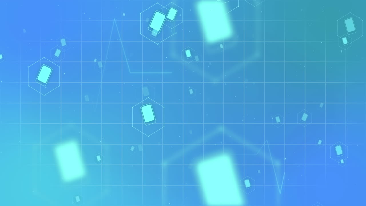 의료 아이콘의 애니메이션과 파란색 배경의 그리드 상의 데이터 처리