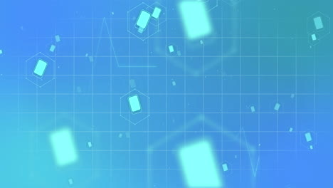 animation of medical icons and data processing over grid on blue background