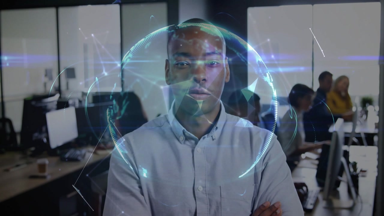 Man standing crossed-arms in office, blue lights sparking holo encircling head visualizing network
