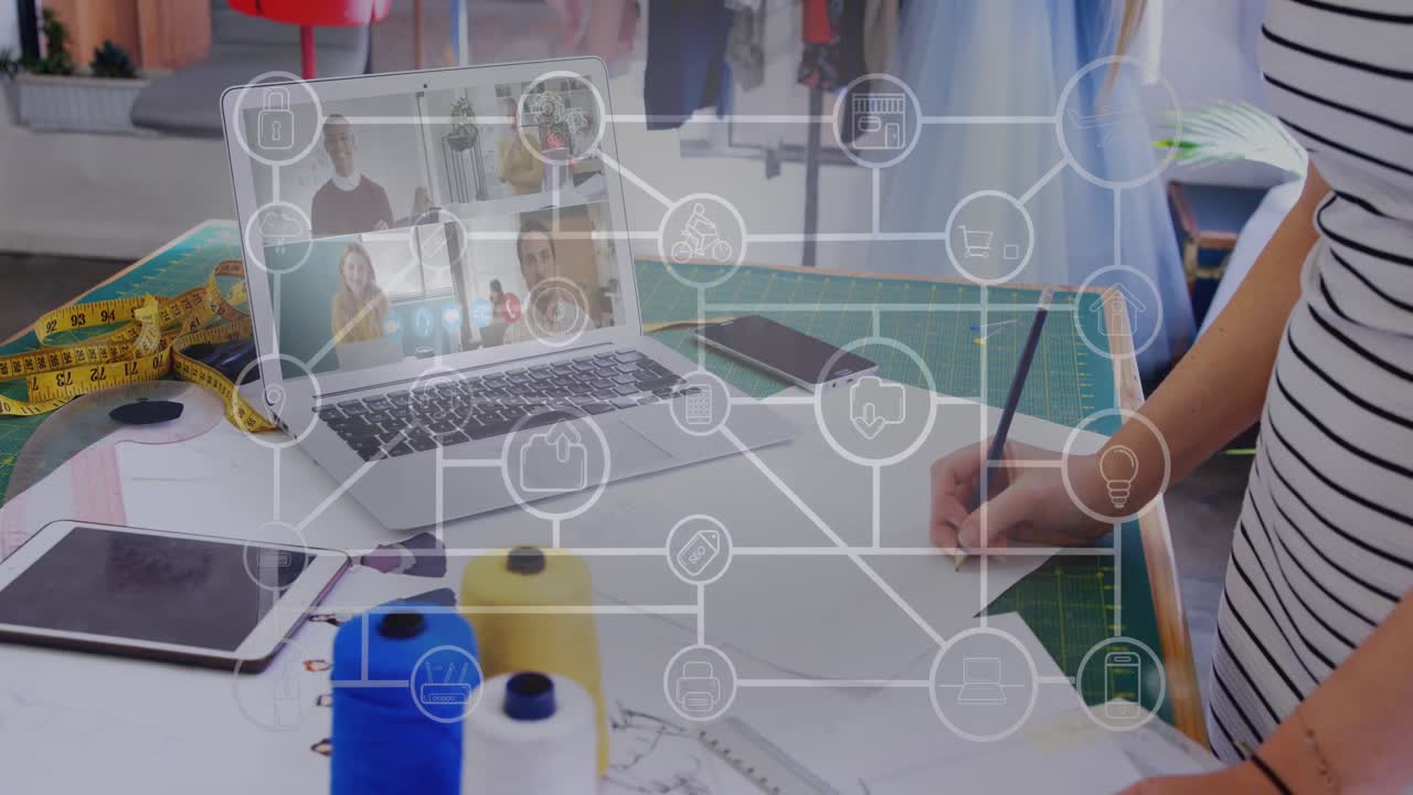 노트북을 사용하는 사업가 여성에 대한 연결 네트워크의 애니메이션