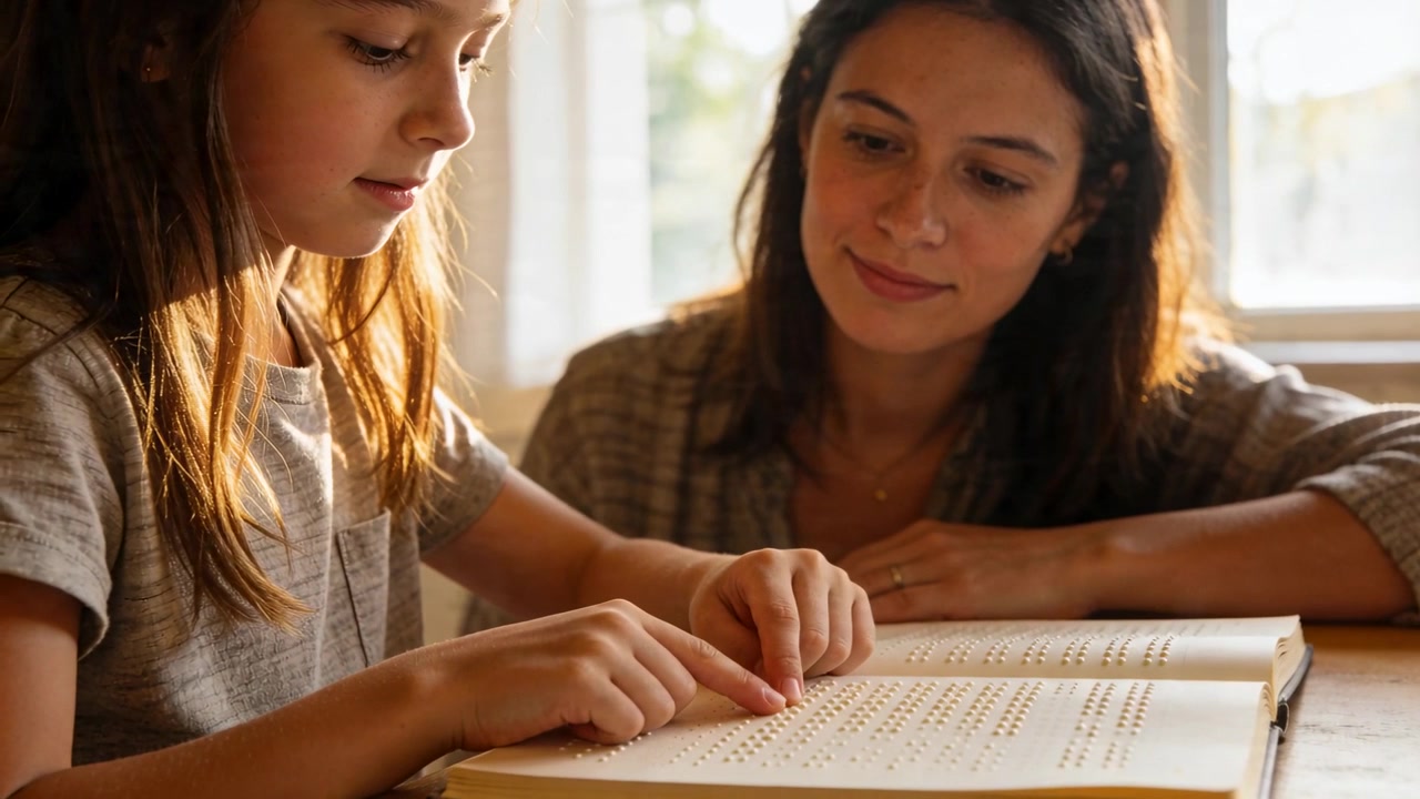 Libro aperto, figlia che segue un libro in Braille con il dito indice a casa, madre in cardigan che guarda.