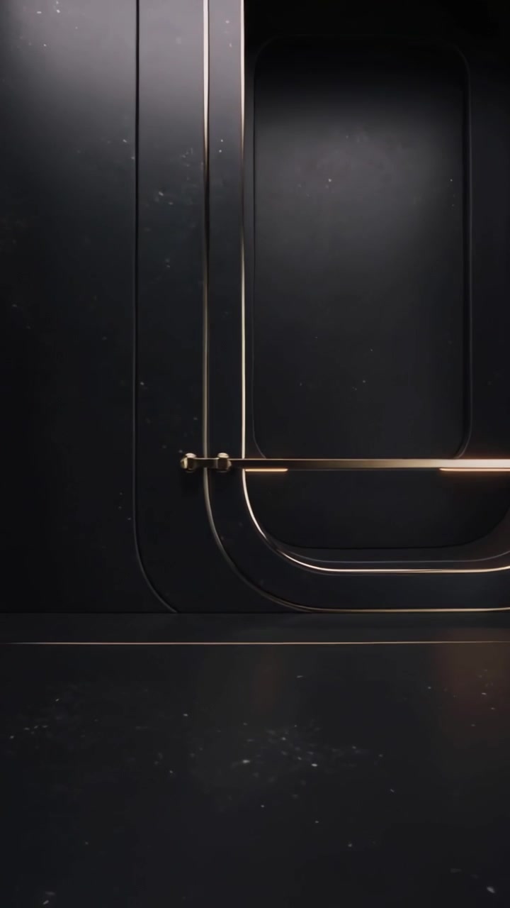 Video verticale: Pannello ambrato luminoso che fa scorrere una struttura con finiture dorate all'interno di un vano metallico per la rivelazione.
