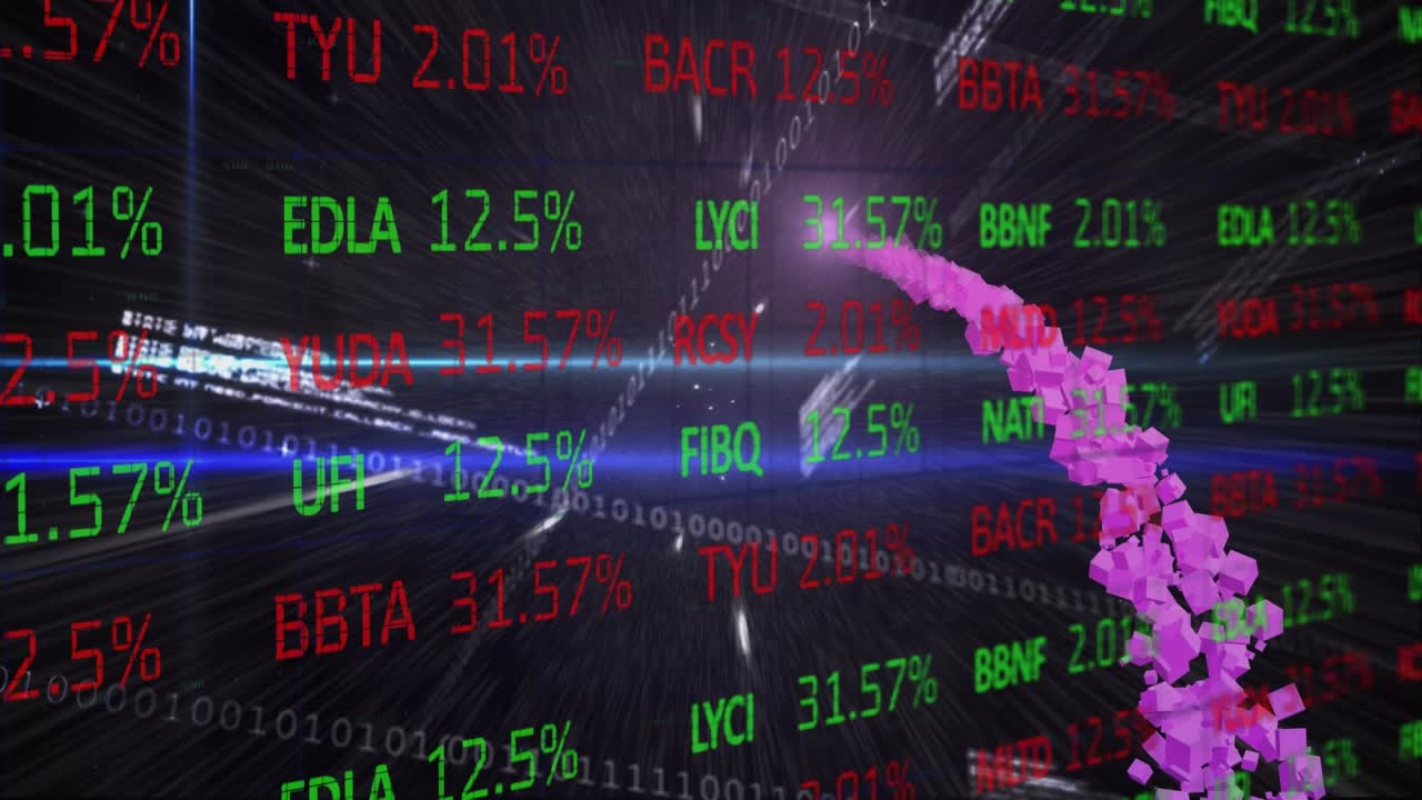 Animazione di un tabellone di trading con bagliore lente e codici binari su sfondo astratto