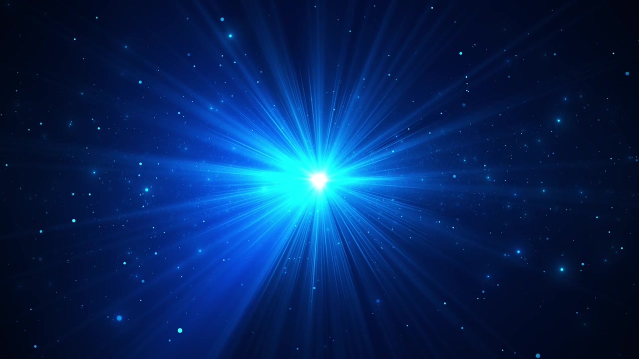 Blå kosmisk lysstrålebaggrund med glødende horisontglimt, stjernepartikler og dybt rum