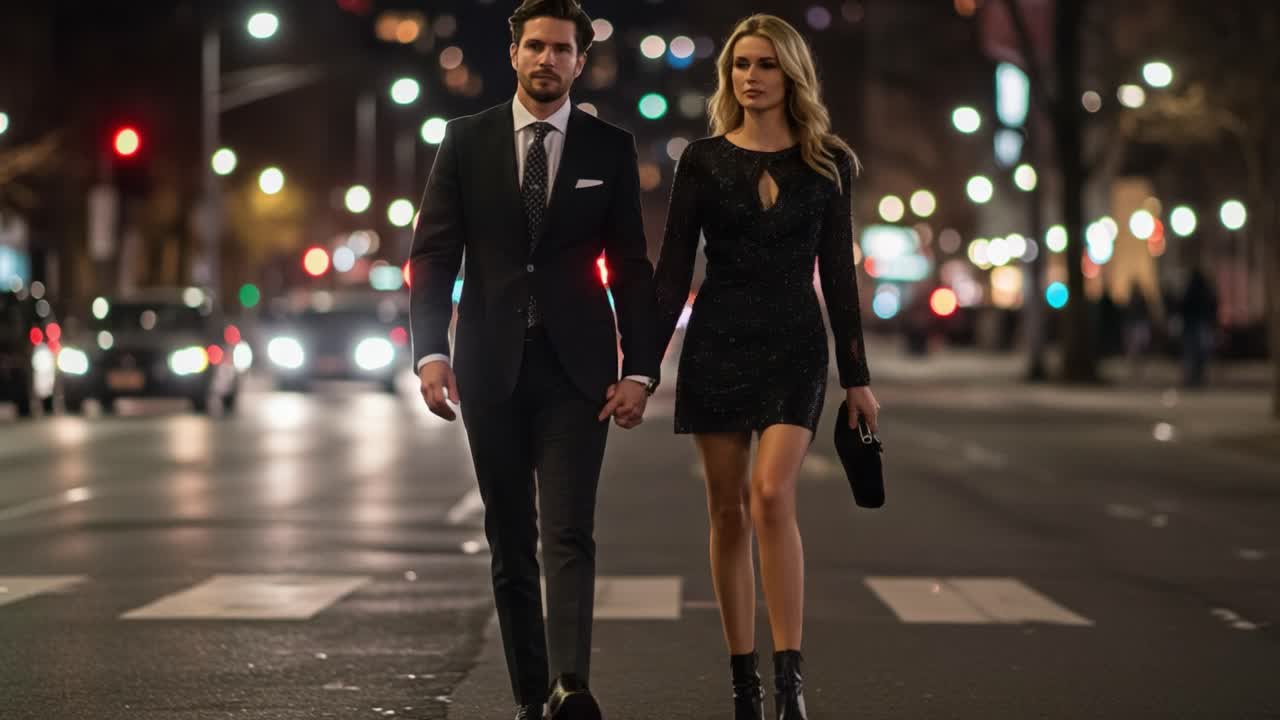 Elegant Couple Walking Hand-in-Hand at Night on a City Street, Illuminated by Traffic Lights and Cityscape, Capturing a Moment of Connection and Style